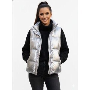 Evereve Women Puffer Vest Silver Metallic Size Large Statement